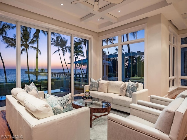 1270 Gulf Shore Blvd S, Naples, FL 34102 - sunroom / solarium featuring coffered ceiling, beam ceiling, a water view, and ceiling fan