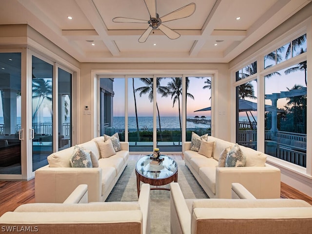 1270 Gulf Shore Blvd S, Naples, FL 34102 - sunroom featuring a healthy amount of sunlight, coffered ceiling, and a water view