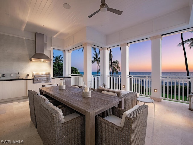 1270 Gulf Shore Blvd S, Naples, FL 34102 - dining room with a water view, wooden ceiling, and ceiling fan