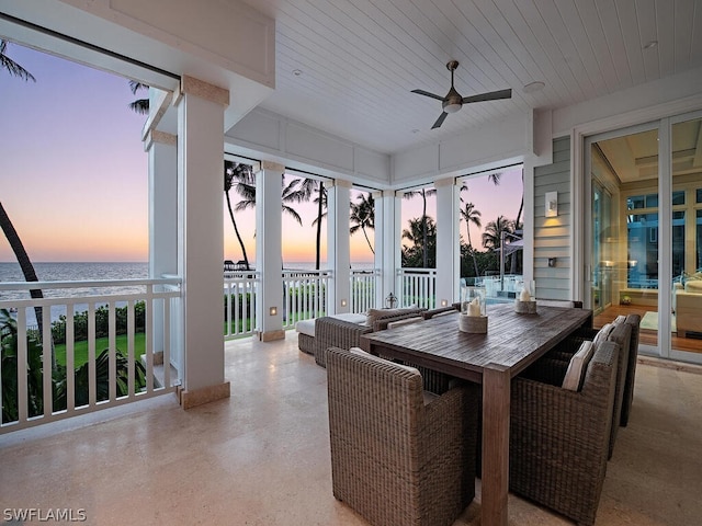 1270 Gulf Shore Blvd S, Naples, FL 34102 - sunroom / solarium with a ceiling fan, wooden ceiling, and a water view