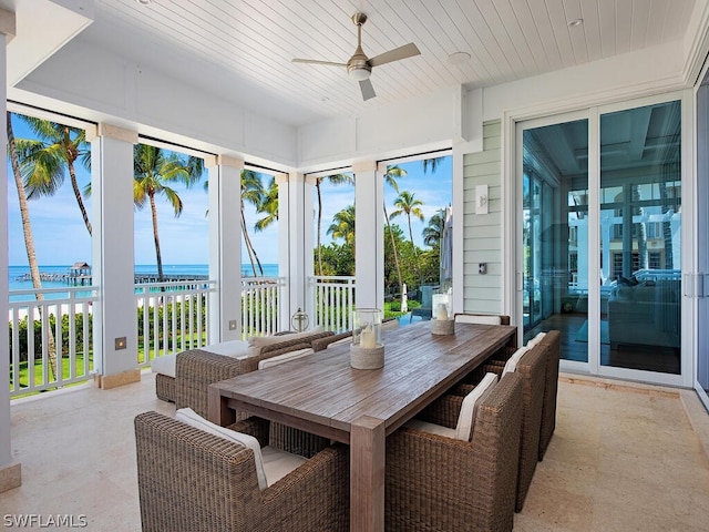 1270 Gulf Shore Blvd S, Naples, FL 34102 - sunroom / solarium featuring a water view, wood ceiling, a beach view, and ceiling fan