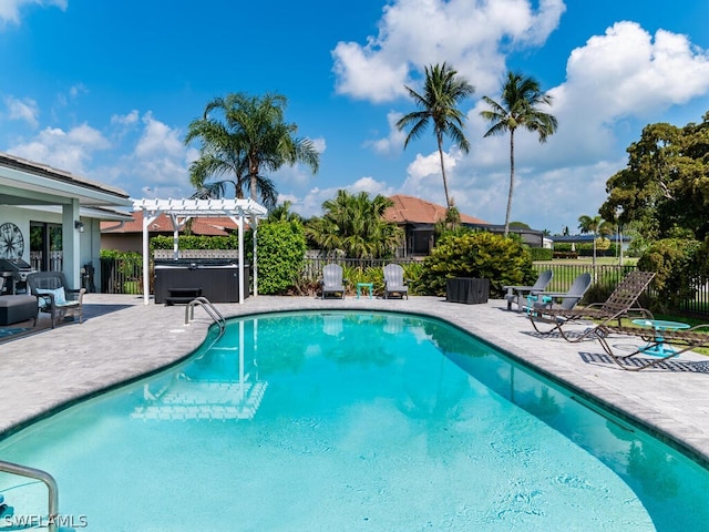 view of pool with fence, a pergola, a fenced in pool, a patio area, and a hot tub