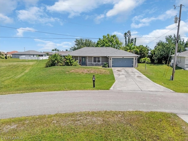 single story home with a front yard and a garage