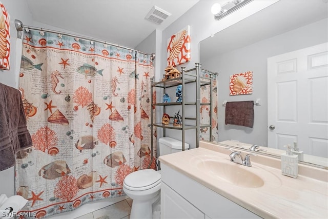 bathroom featuring vanity, a shower with curtain, tile patterned floors, and toilet