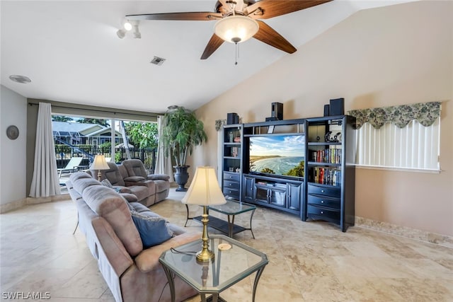 living room with vaulted ceiling and ceiling fan