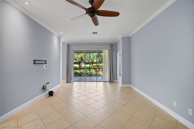 spare room with light tile patterned floors, baseboards, visible vents, a ceiling fan, and ornamental molding