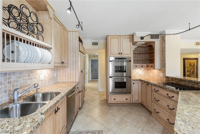 kitchen with tasteful backsplash, light stone counters, ornamental molding, stainless steel appliances, and light brown cabinets