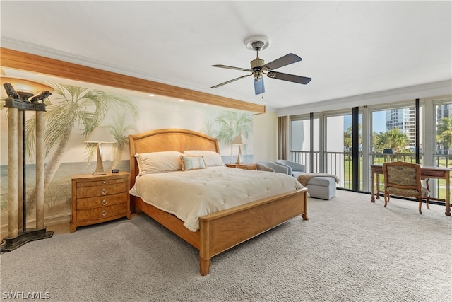 bedroom with access to outside, ceiling fan, crown molding, and carpet floors