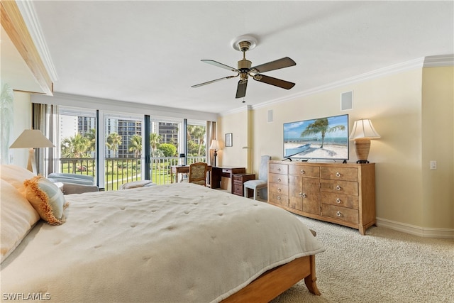 bedroom with multiple windows, light colored carpet, ceiling fan, and ornamental molding