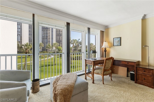 carpeted home office with ornamental molding