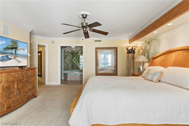 carpeted bedroom with ceiling fan and crown molding