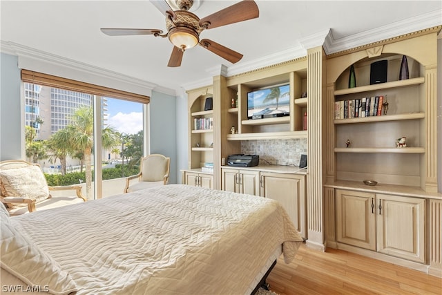 bedroom with access to outside, ceiling fan, crown molding, and light hardwood / wood-style floors