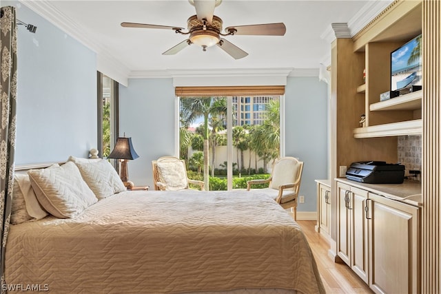 bedroom featuring ceiling fan, crown molding, and light wood-type flooring