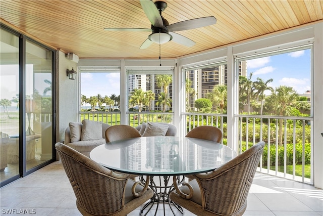 sunroom / solarium with ceiling fan and wood ceiling