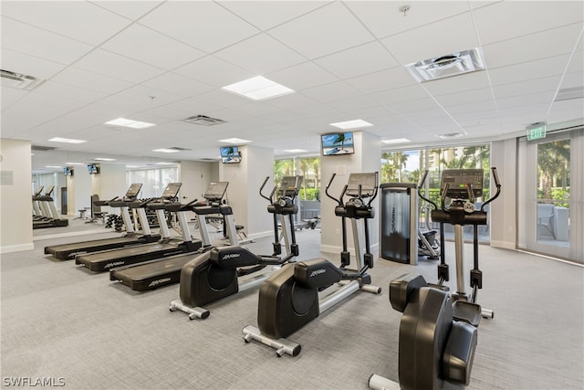 exercise room featuring a paneled ceiling and carpet