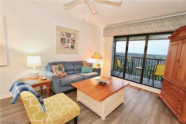 living room with ceiling fan and wood-type flooring