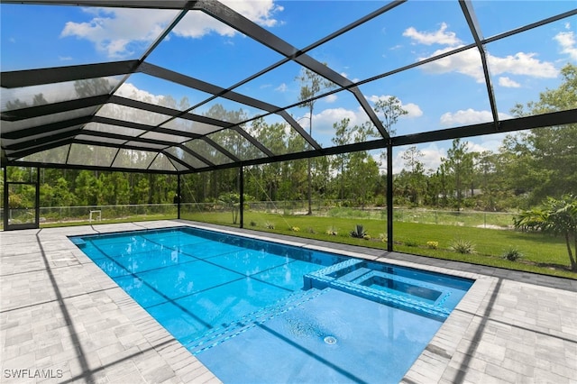 view of swimming pool featuring a lanai, a patio, and a yard