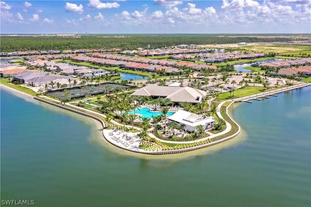 birds eye view of property featuring a water view