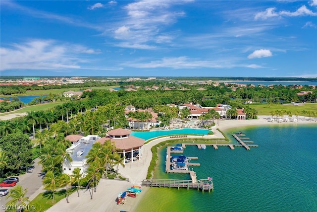 birds eye view of property featuring a water view