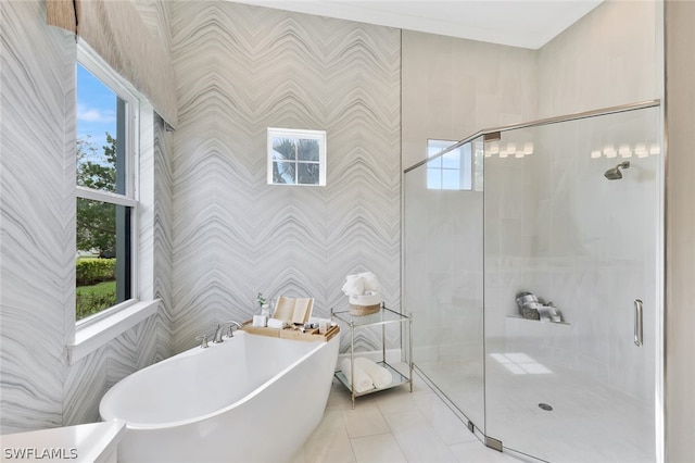 bathroom featuring tile patterned floors and plus walk in shower