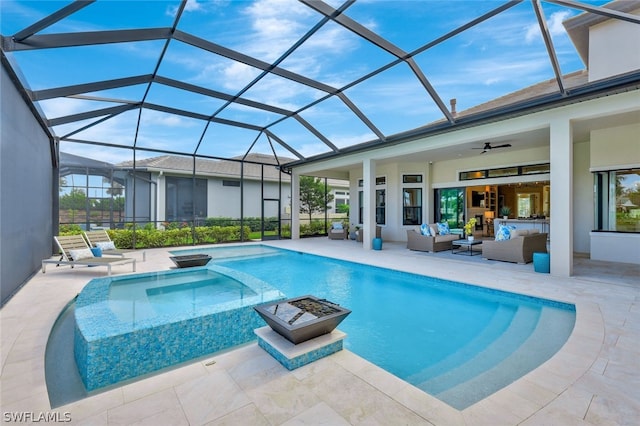 view of pool with glass enclosure, an outdoor living space, a patio area, and ceiling fan