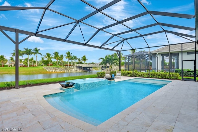 view of pool with a water view, glass enclosure, and a patio area