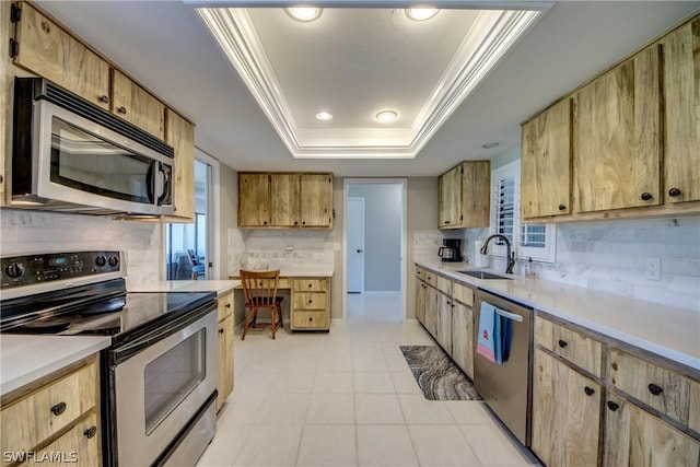 kitchen featuring backsplash, crown molding, sink, a tray ceiling, and stainless steel appliances