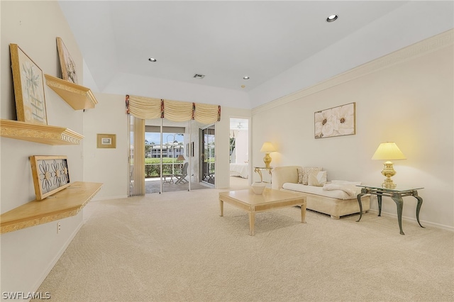 carpeted living room featuring a tray ceiling