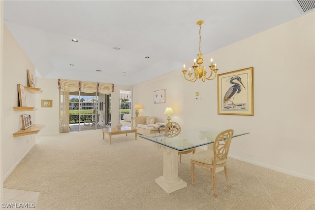 unfurnished dining area featuring a notable chandelier and light carpet