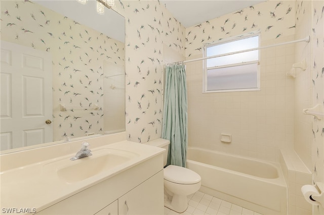 full bathroom featuring tile patterned floors, shower / bath combo, toilet, and vanity