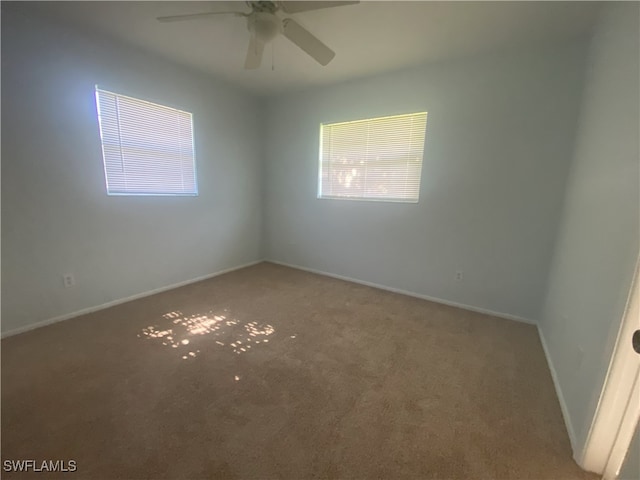 spare room with ceiling fan and carpet