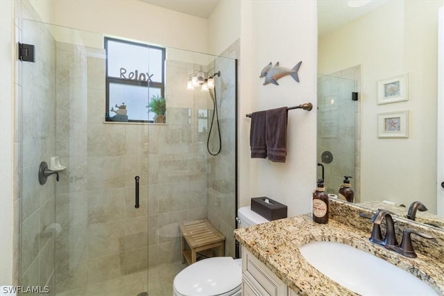 bathroom featuring vanity, toilet, and a stall shower