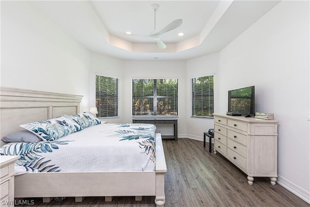 bedroom featuring a tray ceiling, ceiling fan, and hardwood / wood-style floors