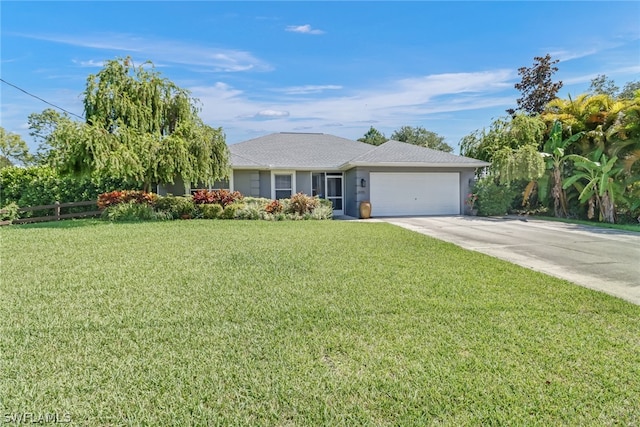 ranch-style home featuring a garage and a front lawn