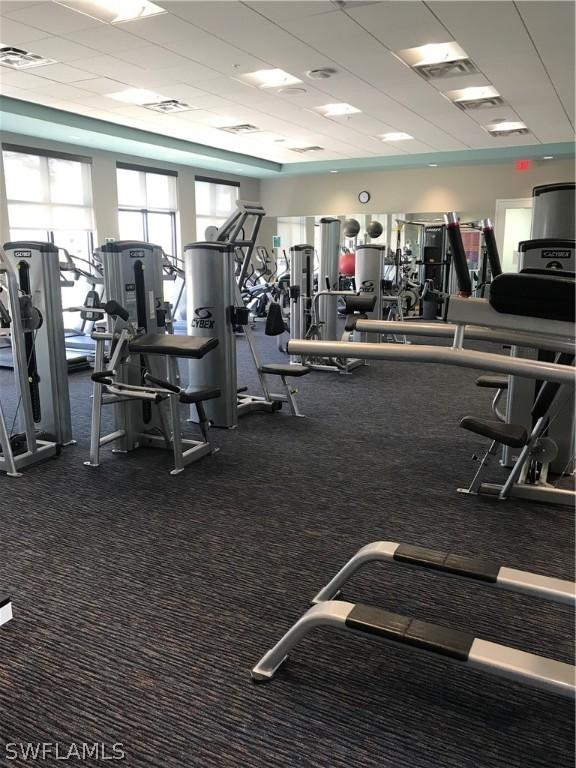 exercise room with a drop ceiling and carpet floors