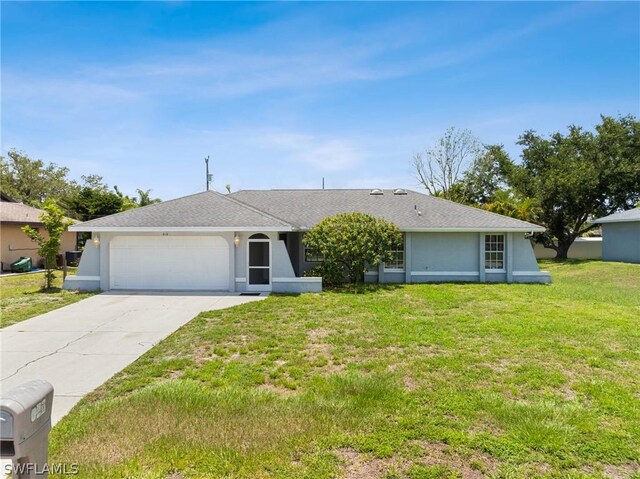 ranch-style home with a front lawn and a garage