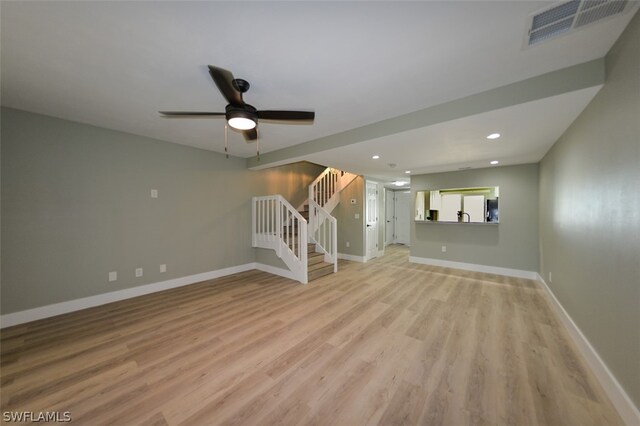 unfurnished living room with ceiling fan and light hardwood / wood-style floors