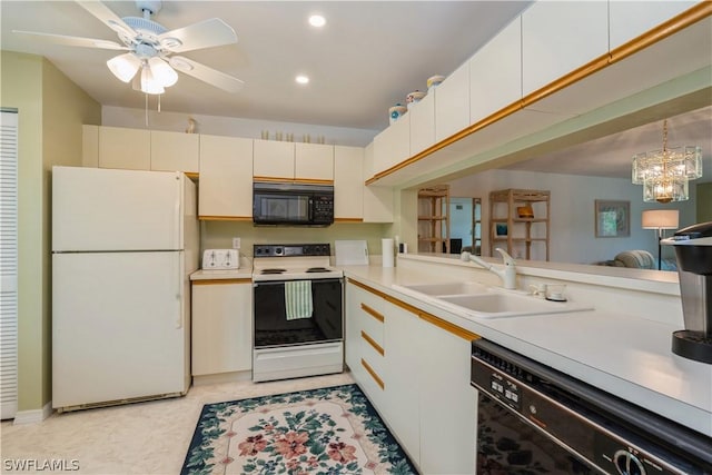 kitchen featuring black appliances, a ceiling fan, a sink, recessed lighting, and light countertops