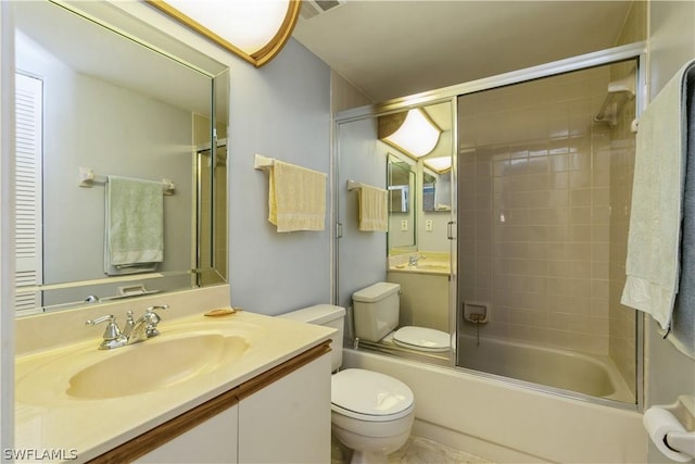 full bath with enclosed tub / shower combo, visible vents, toilet, and vanity