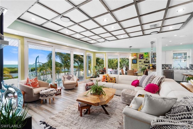 sunroom / solarium with coffered ceiling