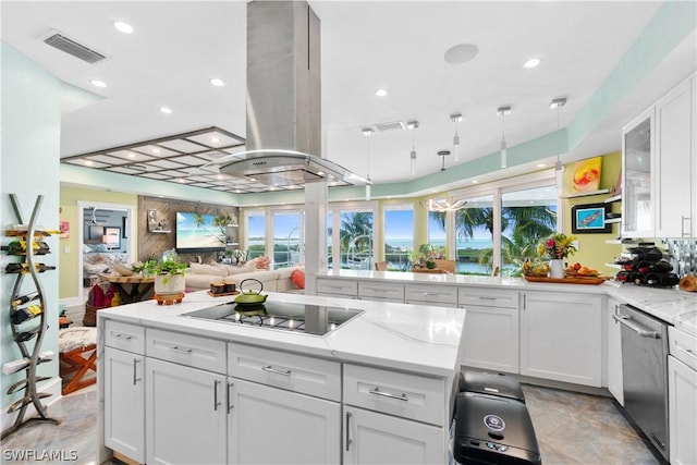 kitchen with island range hood, white cabinetry, dishwasher, black electric stovetop, and light stone counters