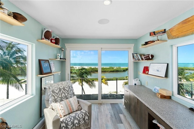 sitting room featuring a water view and light hardwood / wood-style flooring