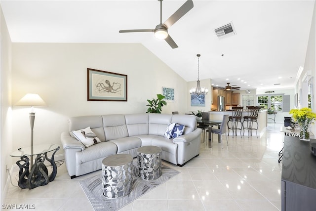 18080 San Carlos Blvd Unit 724, Fort Myers Beach, FL 33931 - living room featuring light tile patterned floors, ceiling fan with notable chandelier, and visible vents