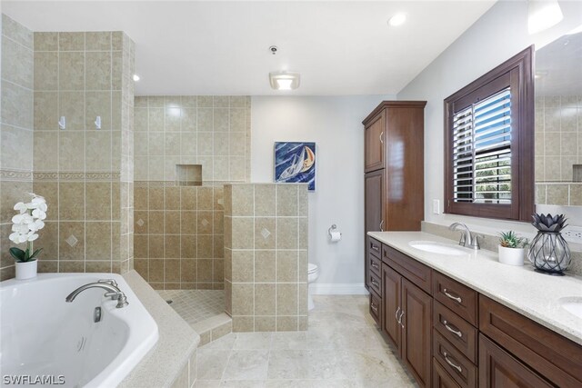 full bathroom with tile patterned flooring, plus walk in shower, toilet, and dual bowl vanity