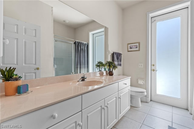 bathroom with tile floors, toilet, and vanity