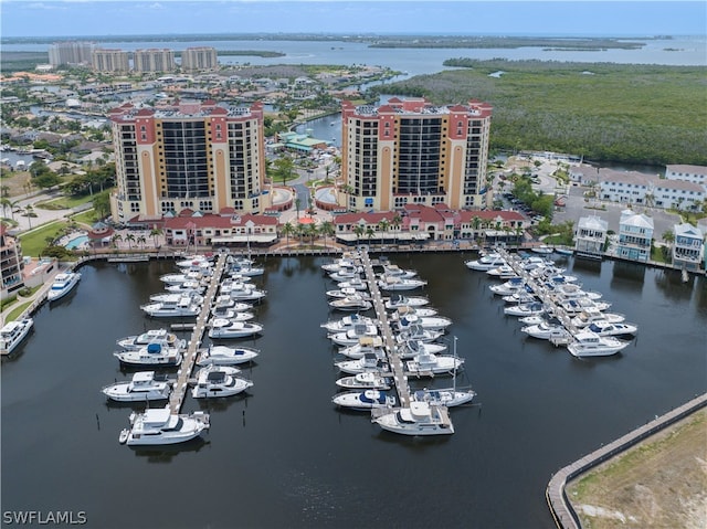 drone / aerial view with a water view