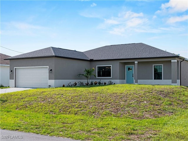 2917 NW 19th Ter, Cape Coral, FL 33993 - view of front of house featuring a garage, stucco siding, a front lawn, driveway, and a shingled roof