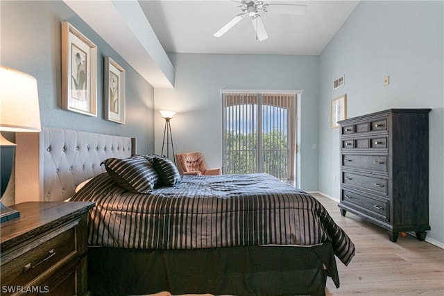 bedroom featuring ceiling fan and light wood-type flooring