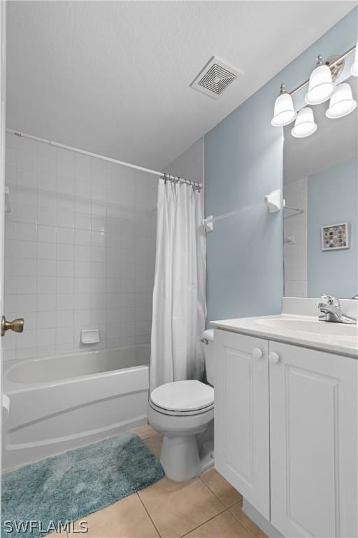 full bathroom featuring shower / bathtub combination with curtain, tile patterned flooring, vanity, and toilet