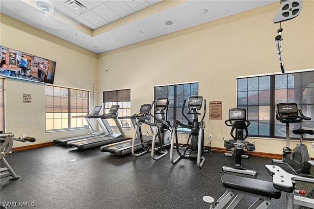 workout area featuring a raised ceiling